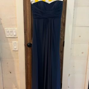 Navy blue formal strapless dress with rouged chiffon
